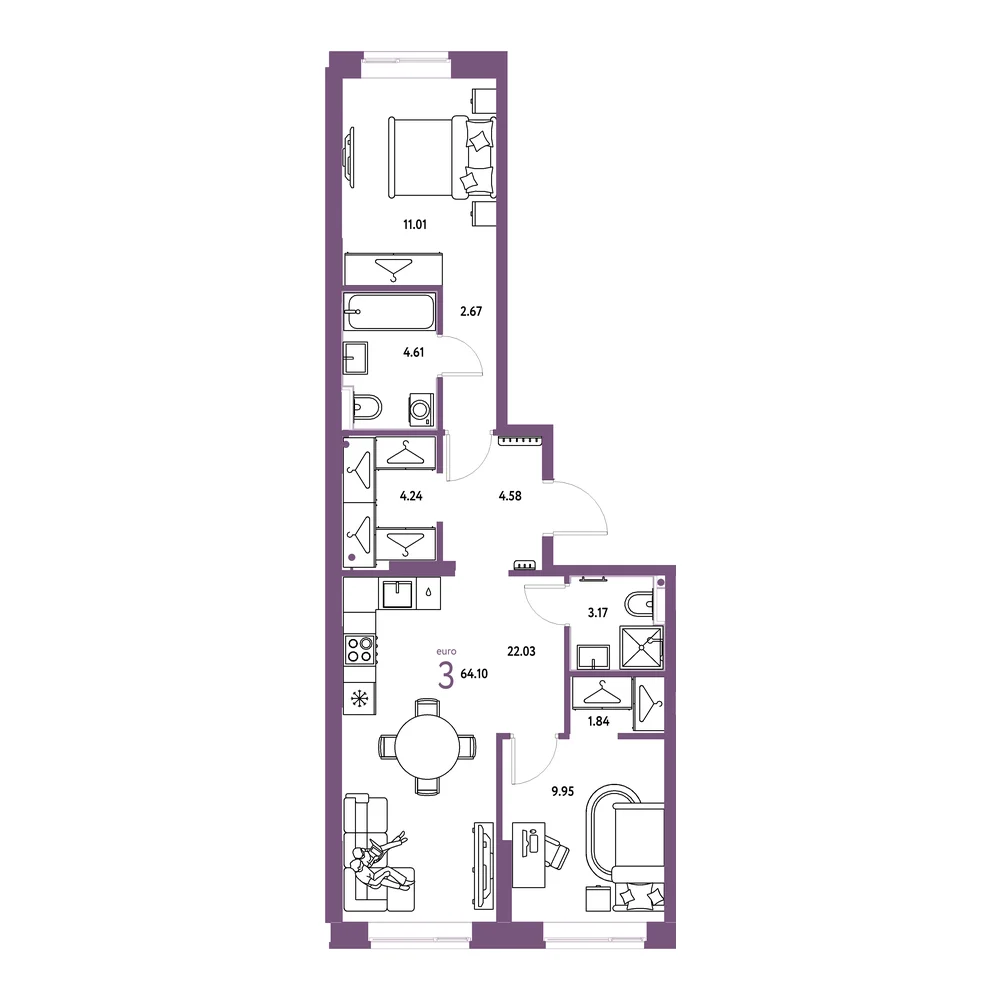 Планировка: Европейский берег 2.0 3-комнатная 64,10м²