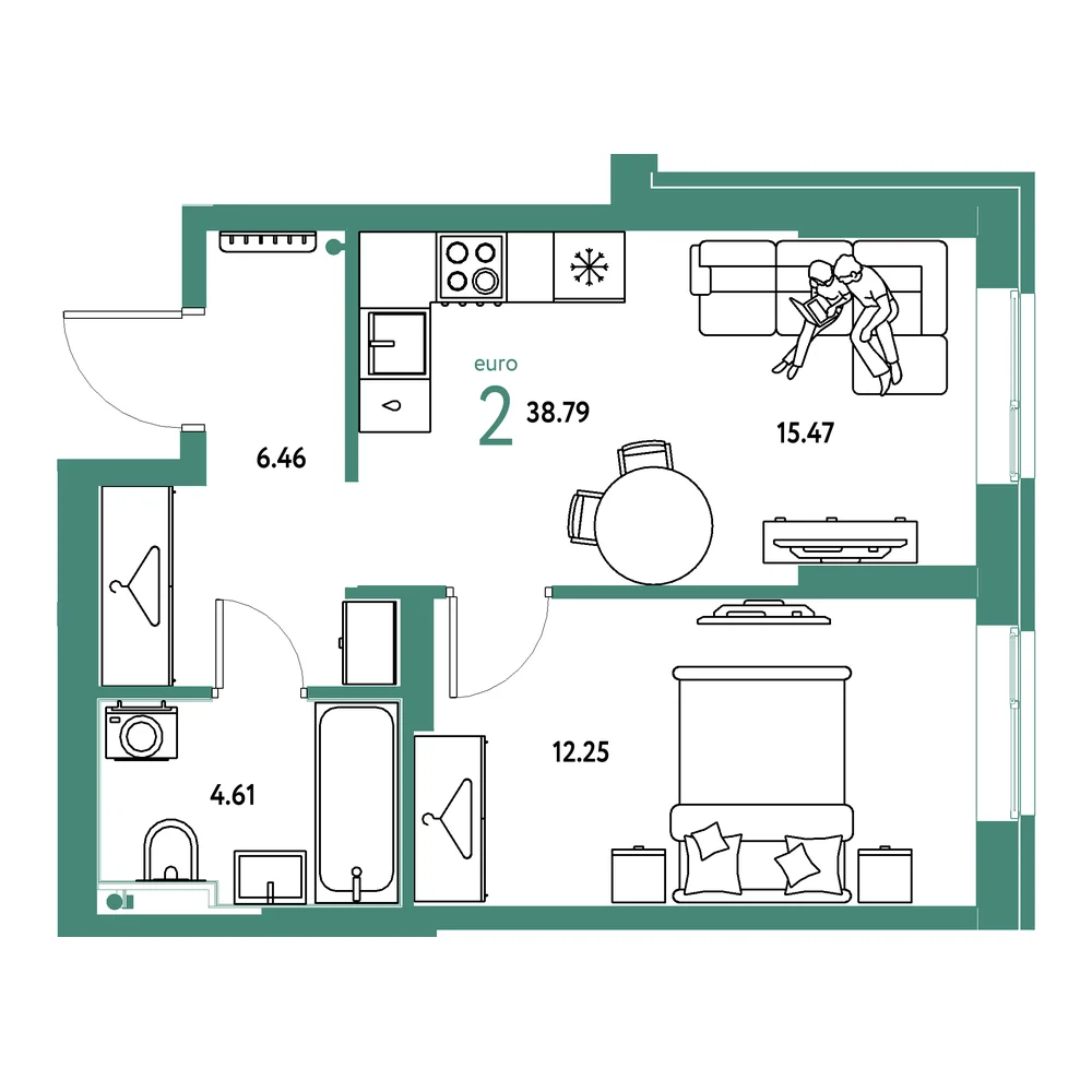 Планировка: Европейский берег 2.0 2-комнатная 38,79м²