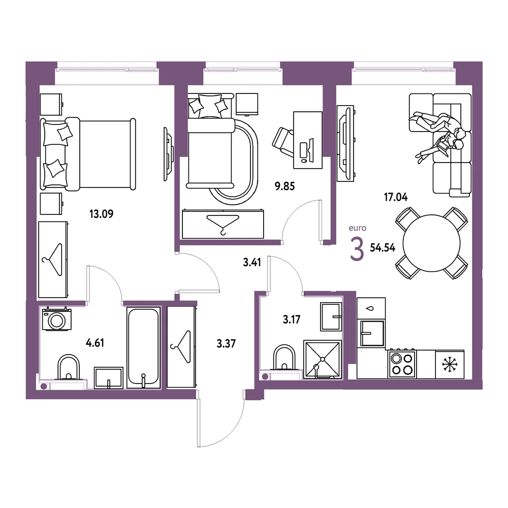 Планировка: Европейский берег 2.0 3-комнатная 54,54м²