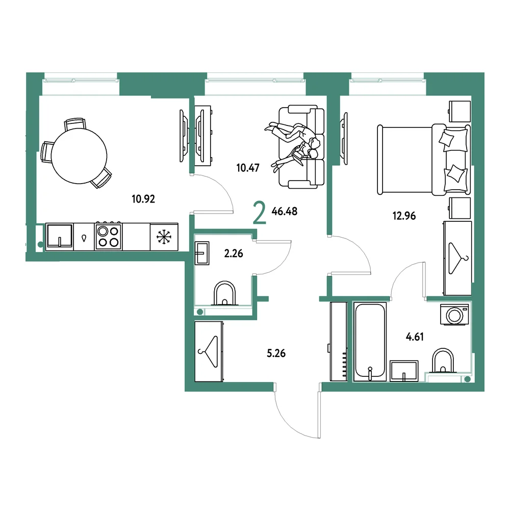 Планировка: Европейский берег 2.0 2-комнатная 46,48м²