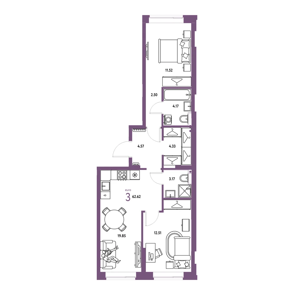 Планировка: Европейский берег 2.0 3-комнатная 62,62м²