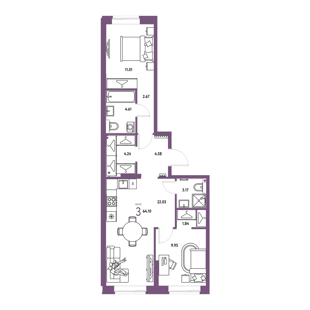 Планировка: Европейский берег 2.0 3-комнатная 64,10м²