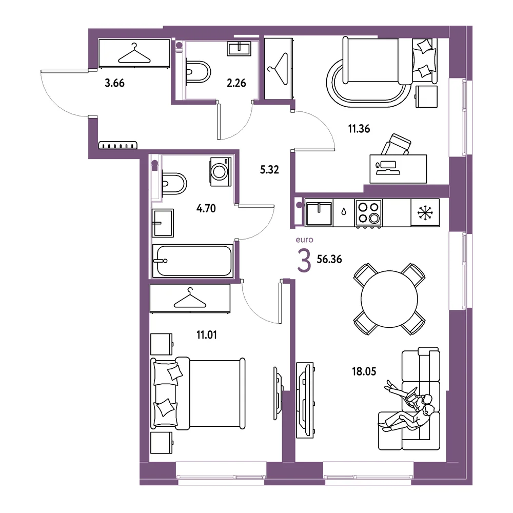Планировка: Европейский берег 2.0 3-комнатная 56,36м²