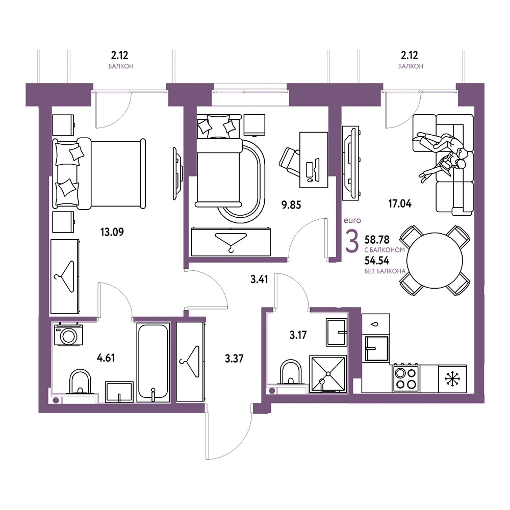 Планировка: Европейский берег 2.0 3-комнатная 58,78м²