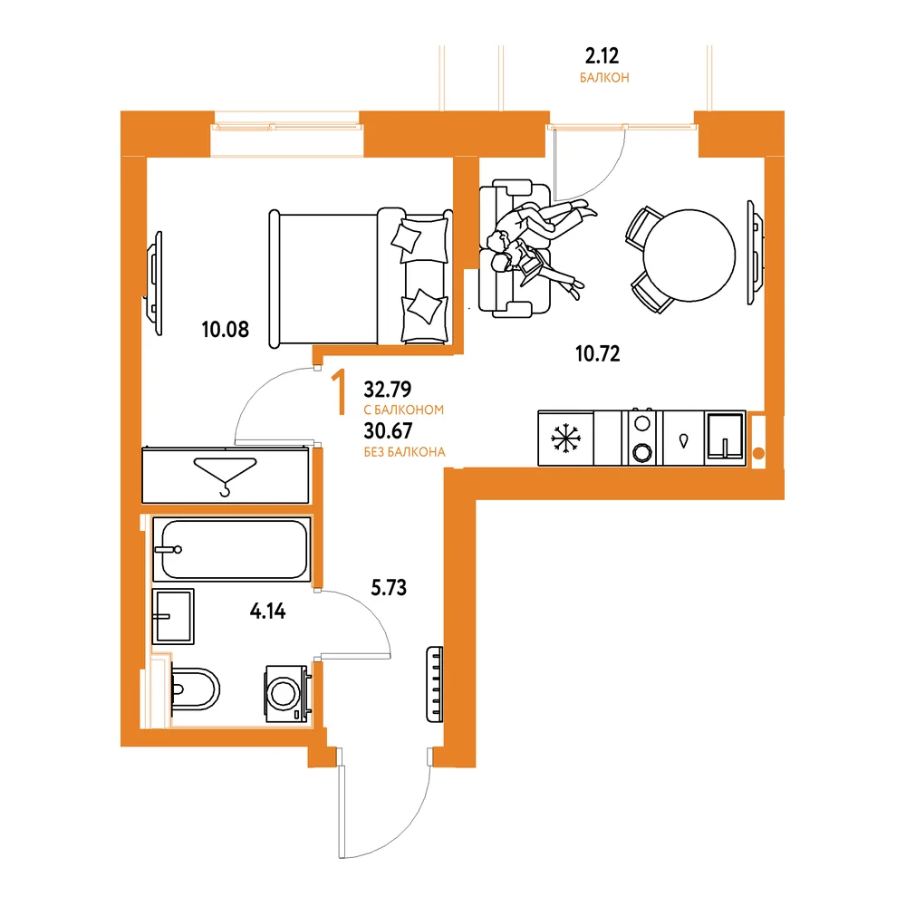 Планировка: Европейский берег 2.0 1-комнатная 32,79м²