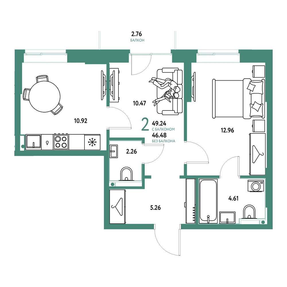 Планировка: Европейский берег 2.0 2-комнатная 49,24м²