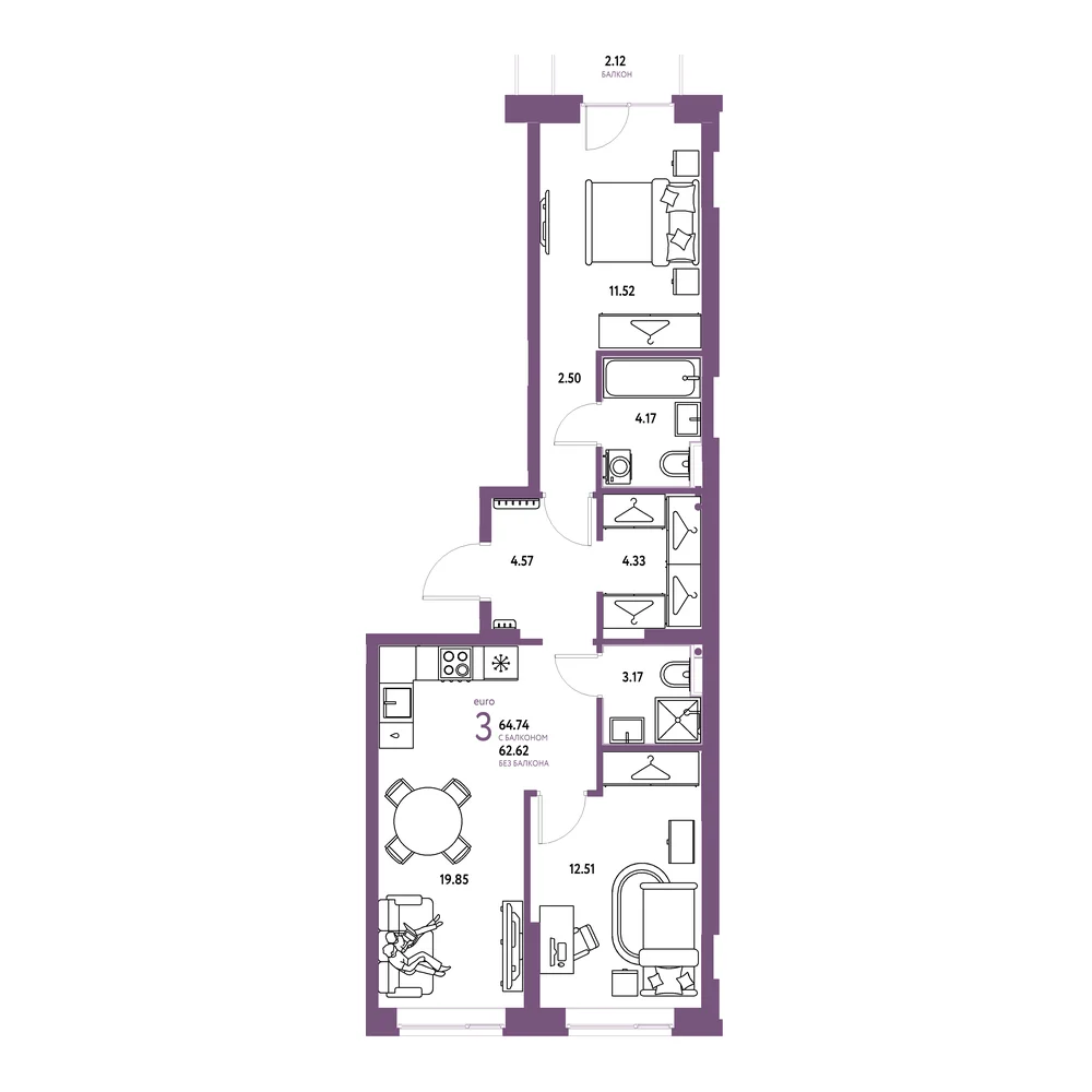 Планировка: Европейский берег 2.0 3-комнатная 64,74м²