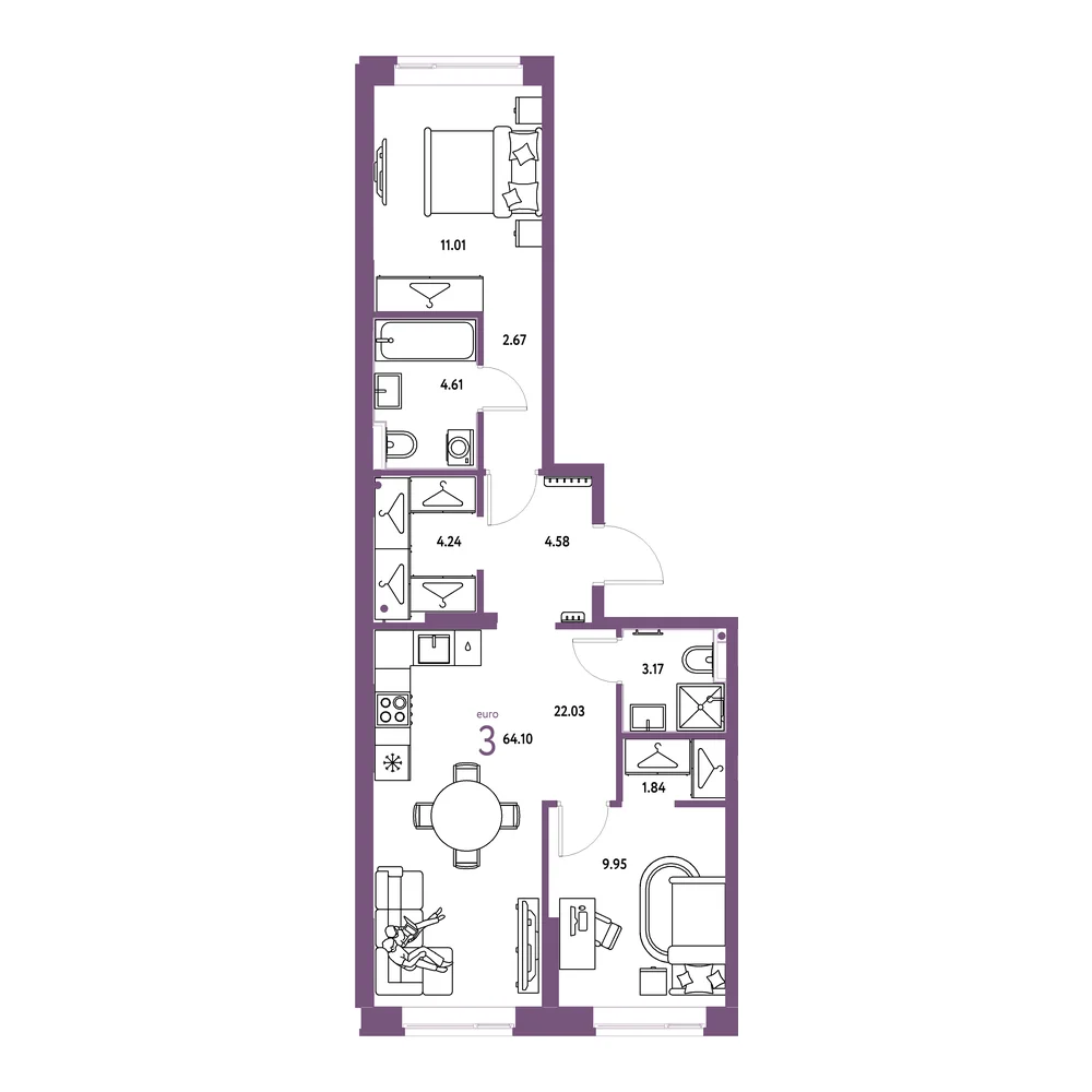 Планировка: Европейский берег 2.0 3-комнатная 64,10м²