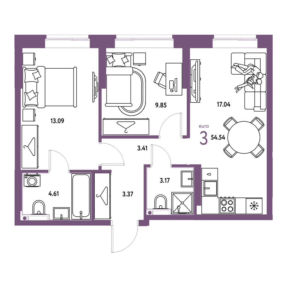Планировка: Европейский берег 2.0 3-комнатная 54,54м²