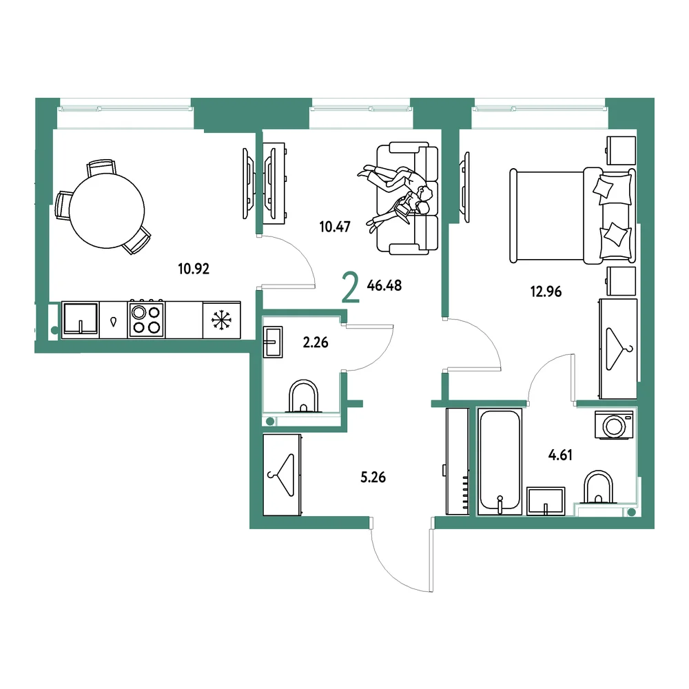 Планировка: Европейский берег 2.0 2-комнатная 46,48м²