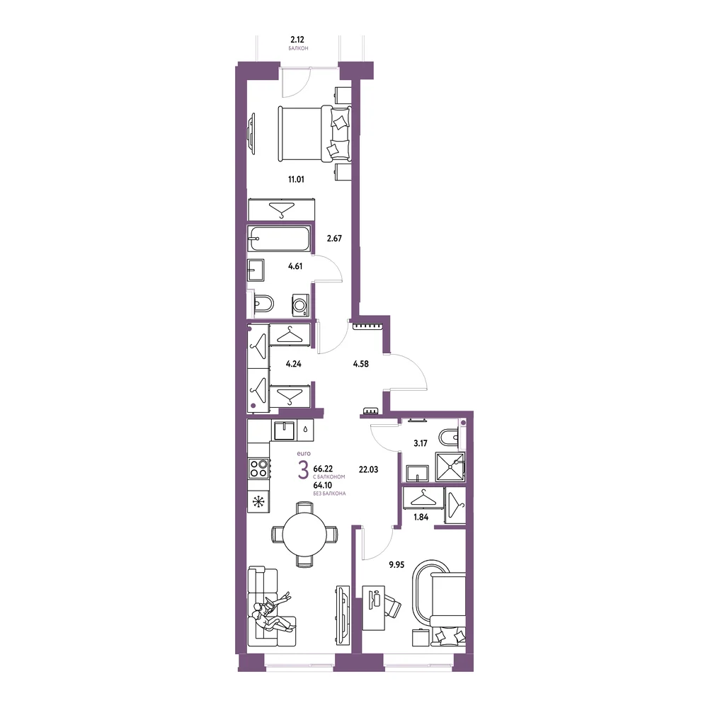 Планировка: Европейский берег 2.0 3-комнатная 66,22м²