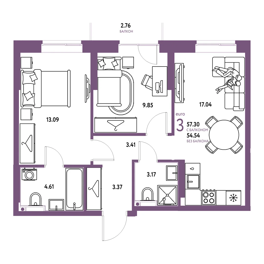 Планировка: Европейский берег 2.0 3-комнатная 57,30м²