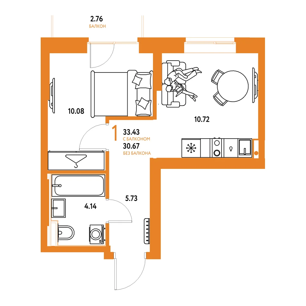 Планировка: Европейский берег 2.0 1-комнатная 33,43м²
