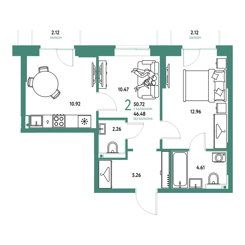 Планировка: Европейский берег 2.0 2-комнатная 50,72м²