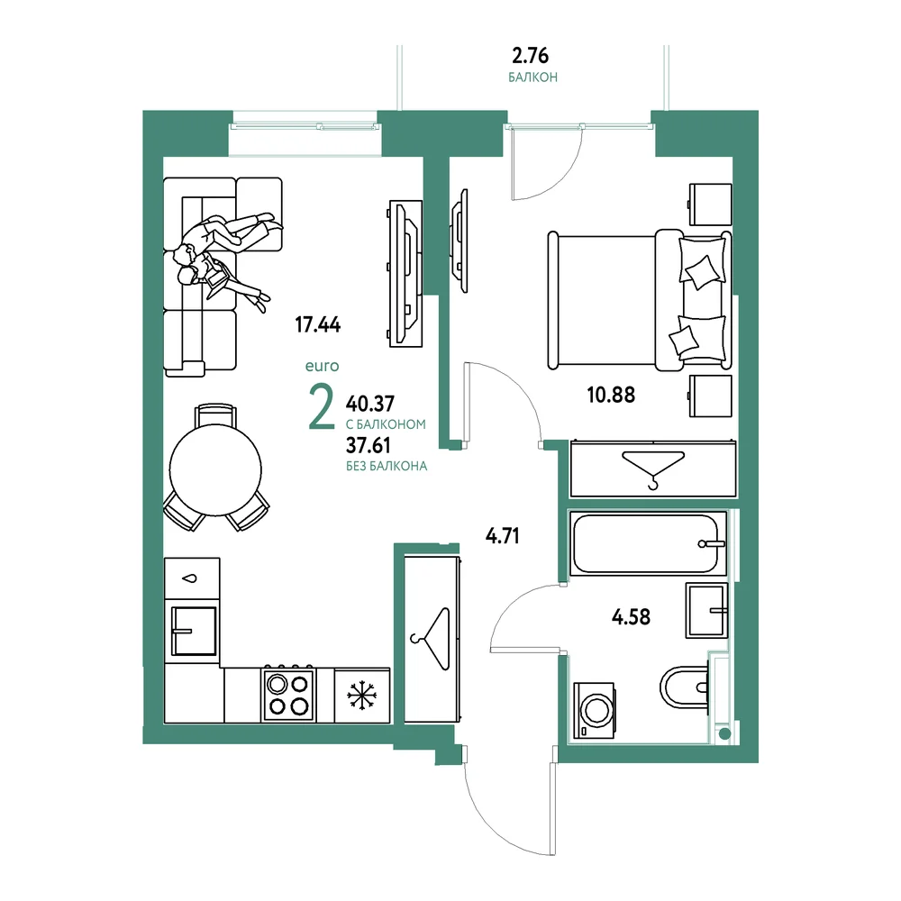 Планировка: Европейский берег 2.0 2-комнатная 40,37м²