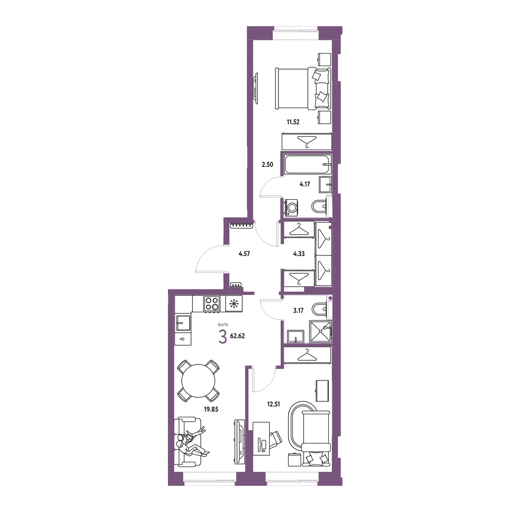 Планировка: Европейский берег 2.0 3-комнатная 62,62м²