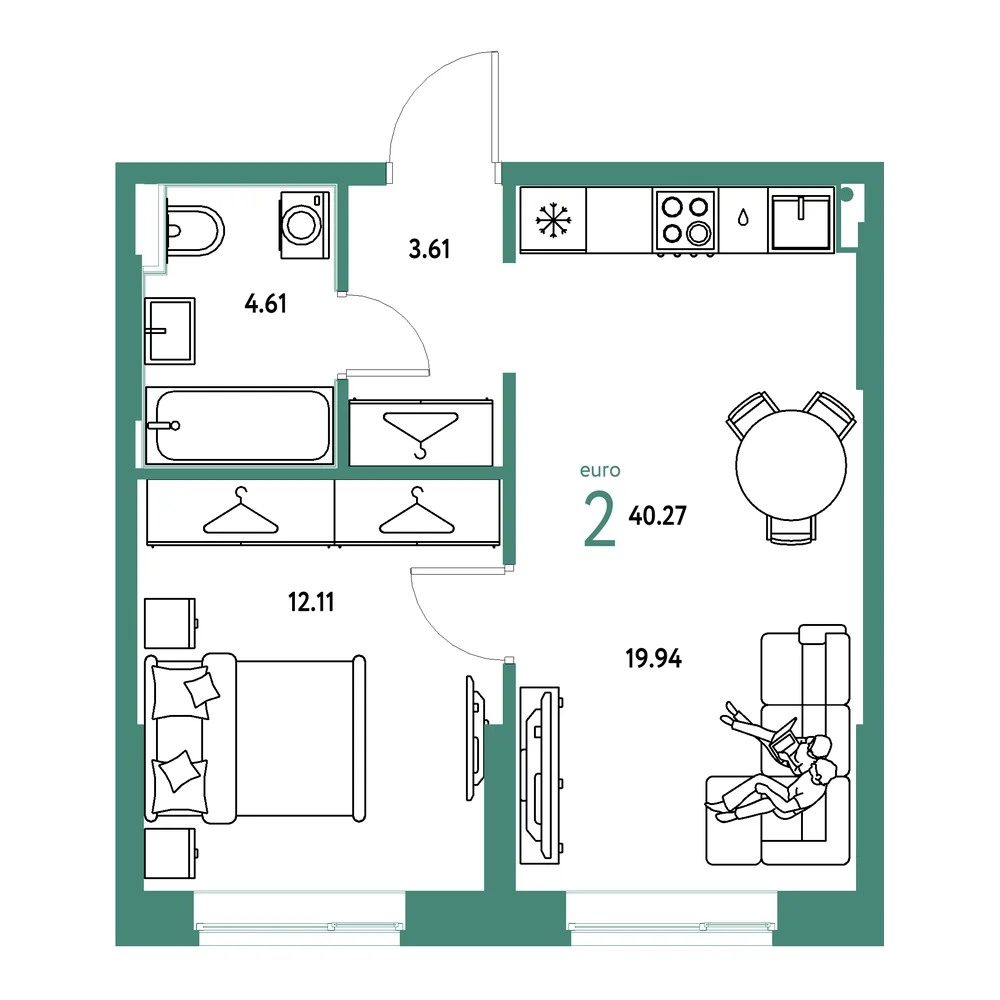 Планировка: Европейский берег 2.0 2-комнатная 40,27м²