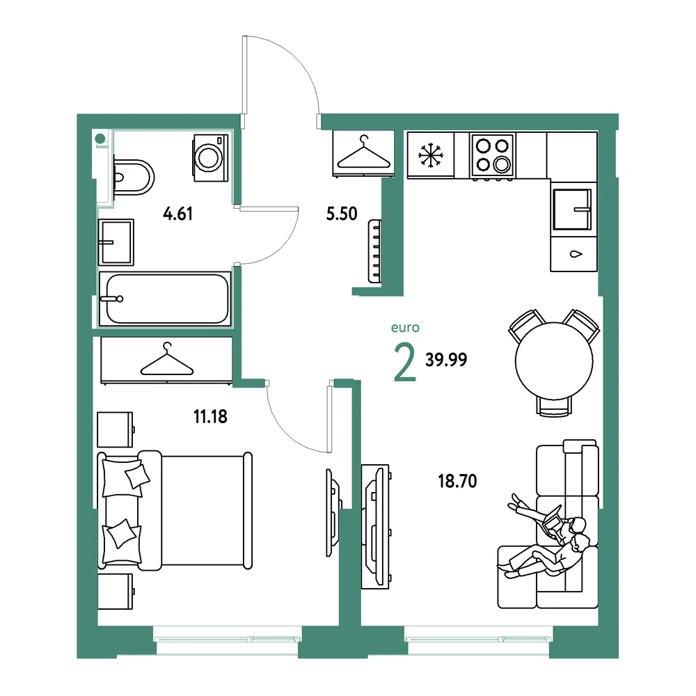 Планировка: Европейский берег 2.0 2-комнатная 39,99м²