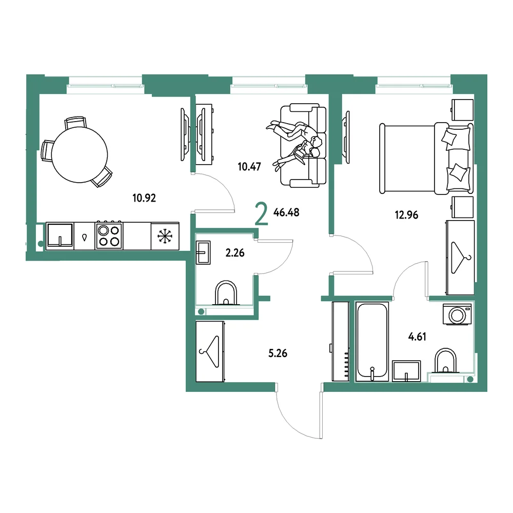 Планировка: Европейский берег 2.0 2-комнатная 46,48м²