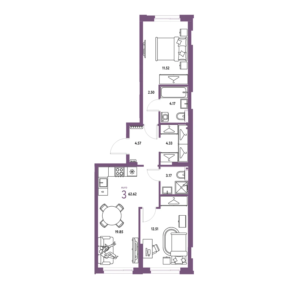 Планировка: Европейский берег 2.0 3-комнатная 62,62м²