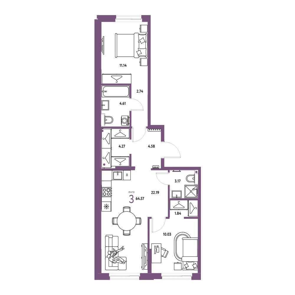 Планировка: Европейский берег 2.0 3-комнатная 64,57м²