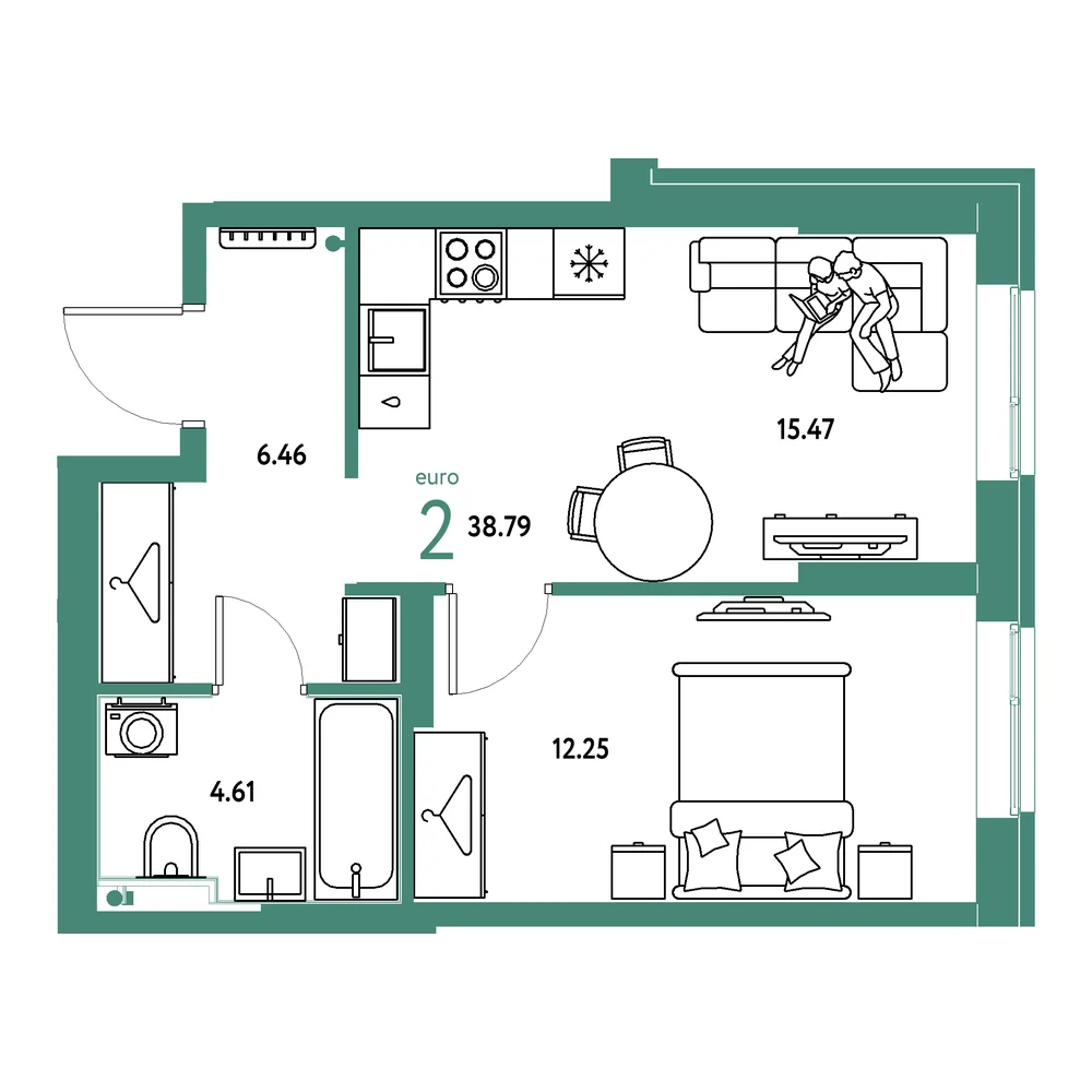 Планировка: Европейский берег 2.0 2-комнатная 38,79м²