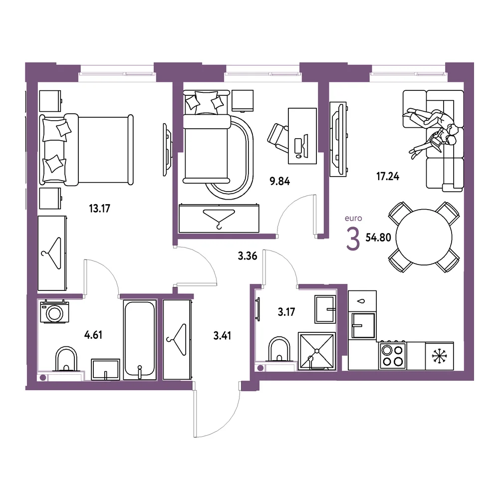 Планировка: Европейский берег 2.0 3-комнатная 54,80м²