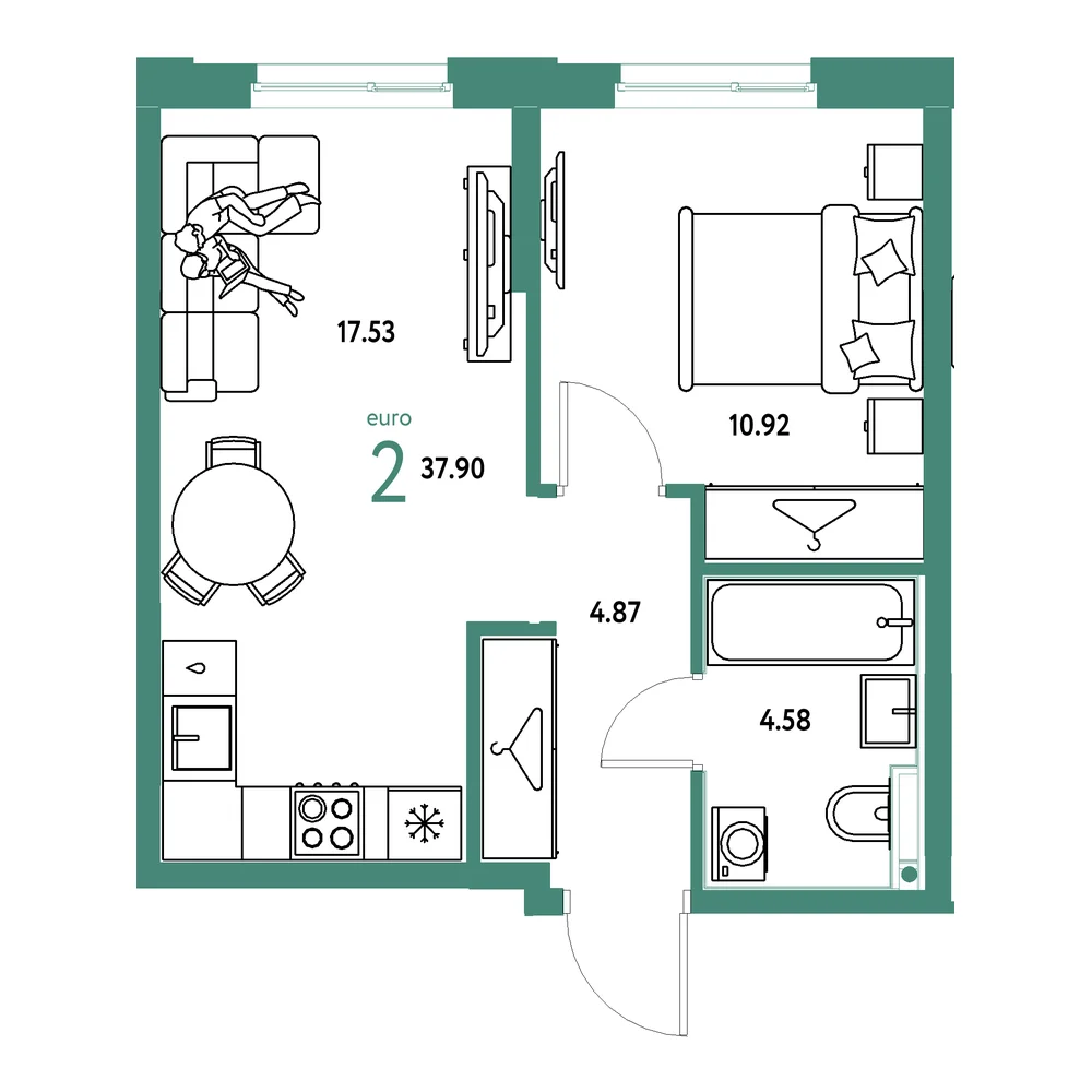 Планировка: Европейский берег 2.0 2-комнатная 37,90м²