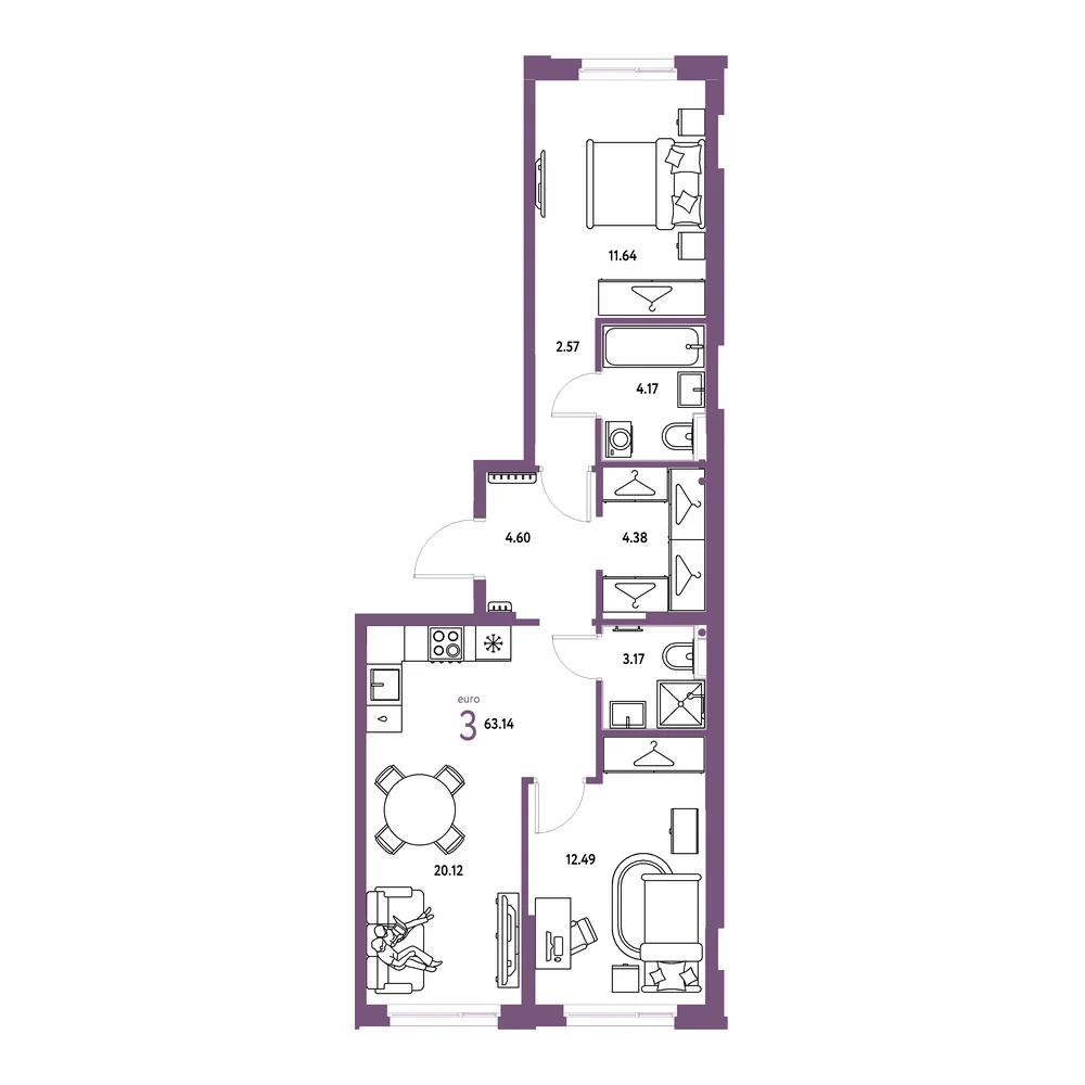 Планировка: Европейский берег 2.0 3-комнатная 63,14м²