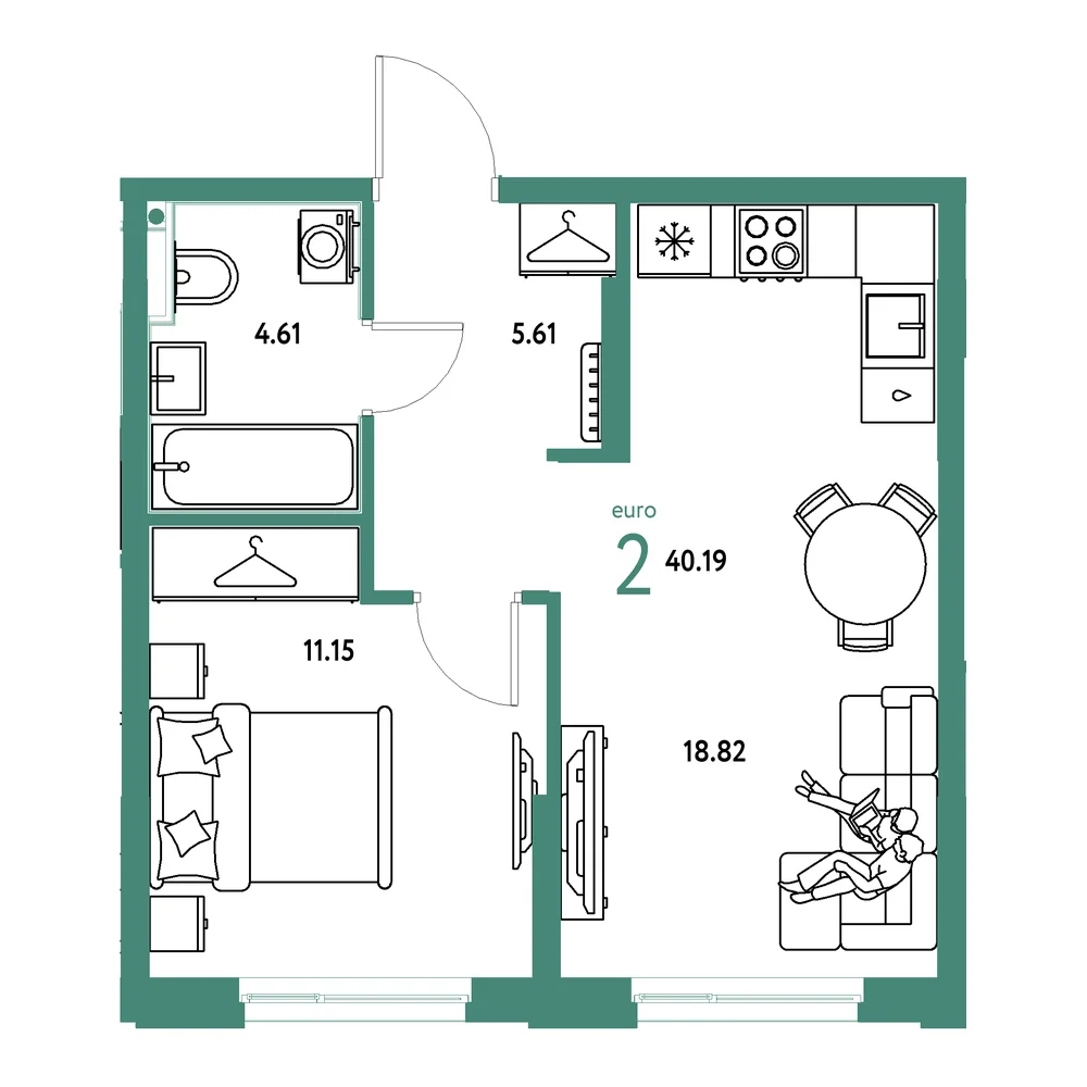 Планировка: Европейский берег 2.0 2-комнатная 40,19м²