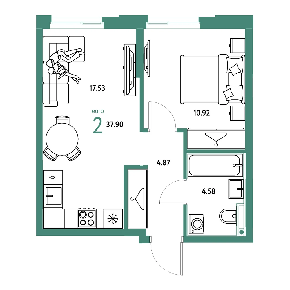 Планировка: Европейский берег 2.0 2-комнатная 37,90м²
