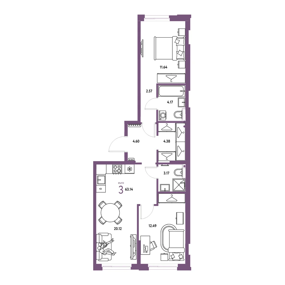 Планировка: Европейский берег 2.0 3-комнатная 63,14м²