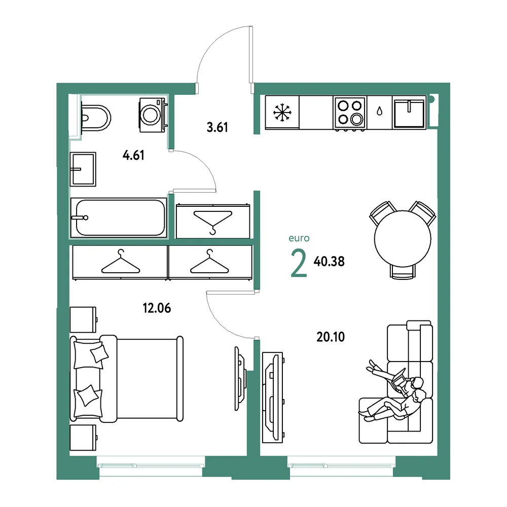 Планировка: Европейский берег 2.0 2-комнатная 40,38м²