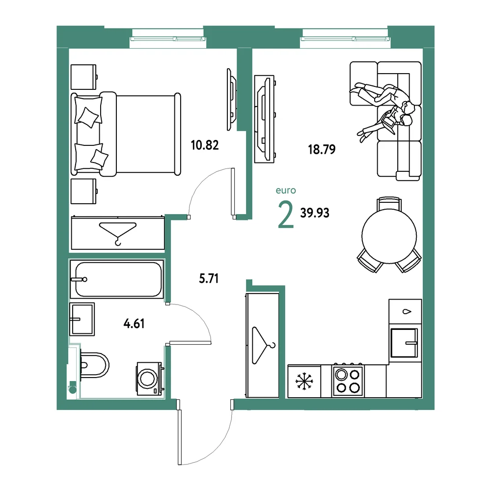 Планировка: Европейский берег 2.0 2-комнатная 39,93м²