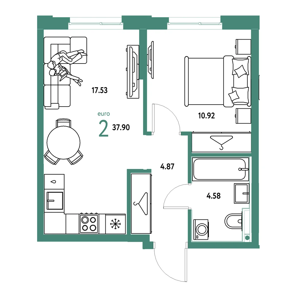 Планировка: Европейский берег 2.0 2-комнатная 37,90м²