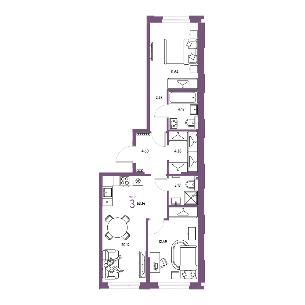 Планировка: Европейский берег 2.0 3-комнатная 63,14м²