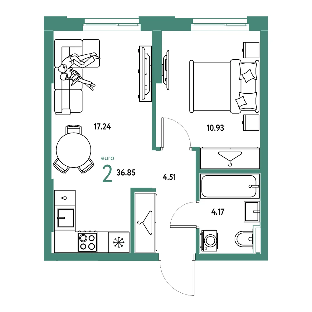 Планировка: Европейский берег 2.0 2-комнатная 36,85м²