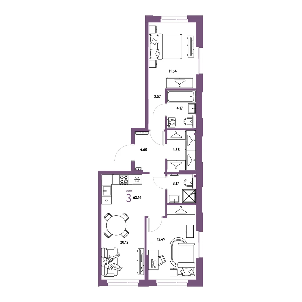 Планировка: Европейский берег 2.0 3-комнатная 63,14м²