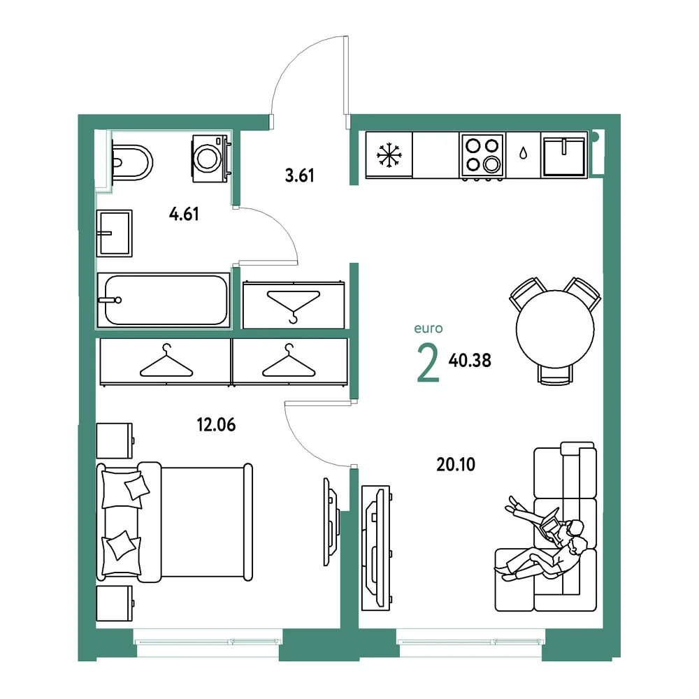 Планировка: Европейский берег 2.0 2-комнатная 40,38м²