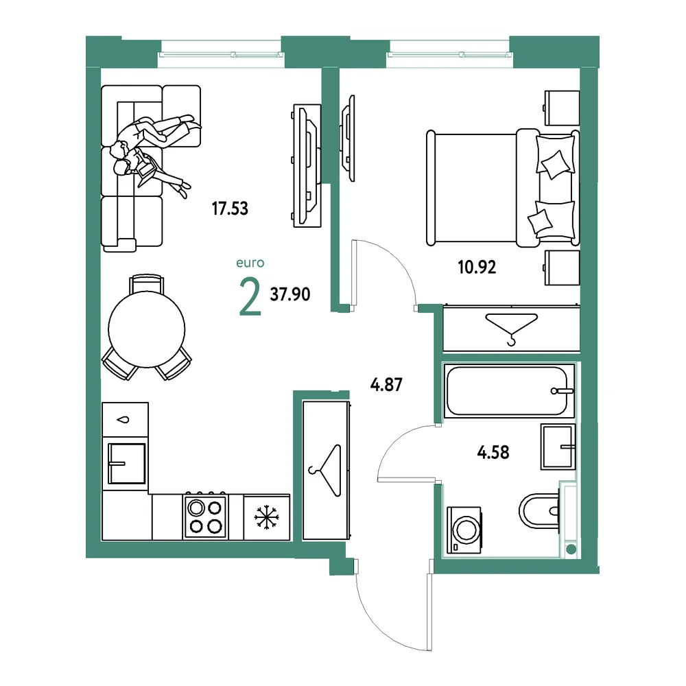 Планировка: Европейский берег 2.0 2-комнатная 37,90м²