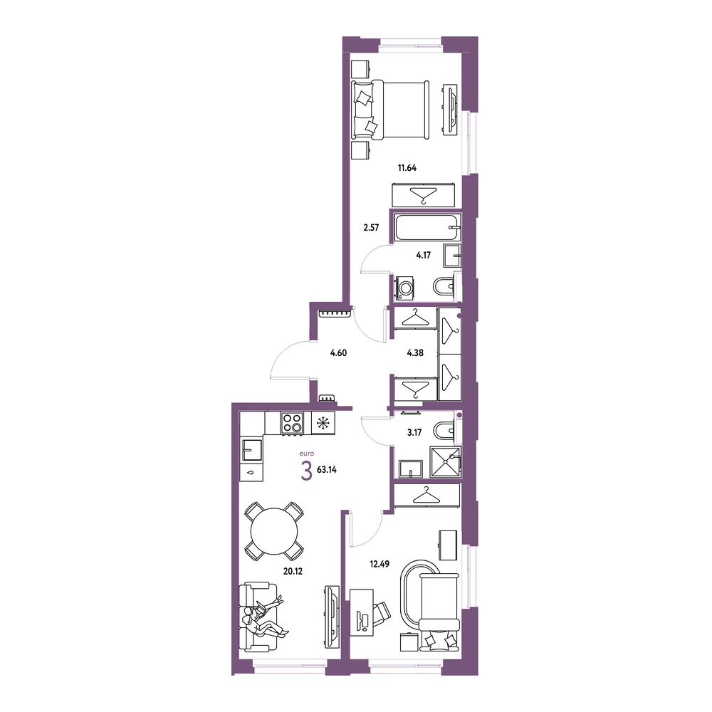 Планировка: Европейский берег 2.0 3-комнатная 63,14м²