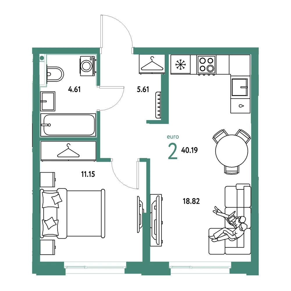 Планировка: Европейский берег 2.0 2-комнатная 40,19м²