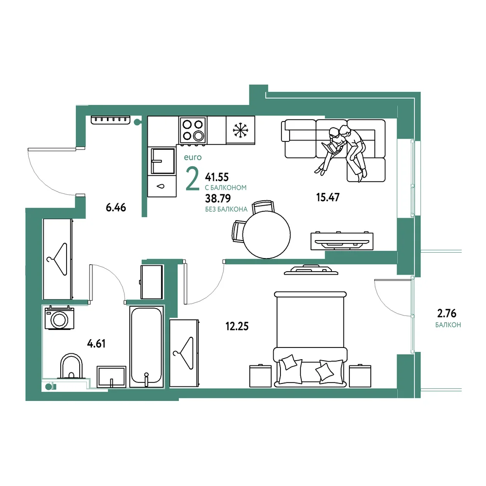 Планировка: Европейский берег 2.0 2-комнатная 41,55м²