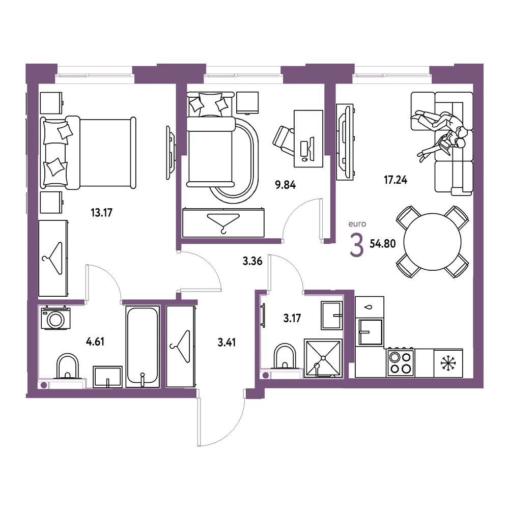 Планировка: Европейский берег 2.0 3-комнатная 54,80м²