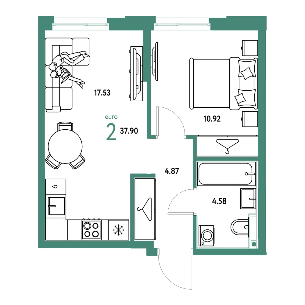 Планировка: Европейский берег 2.0 2-комнатная 37,90м²