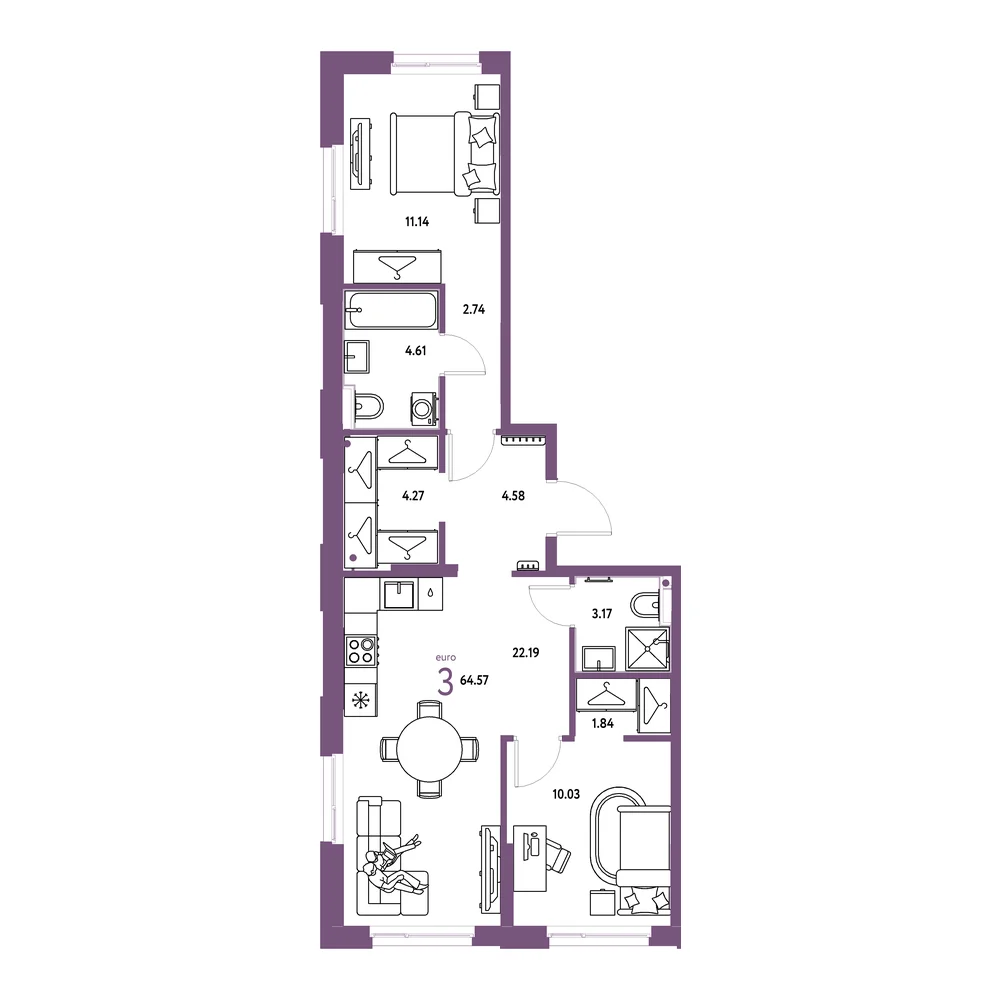 Планировка: Европейский берег 2.0 3-комнатная 64,57м²
