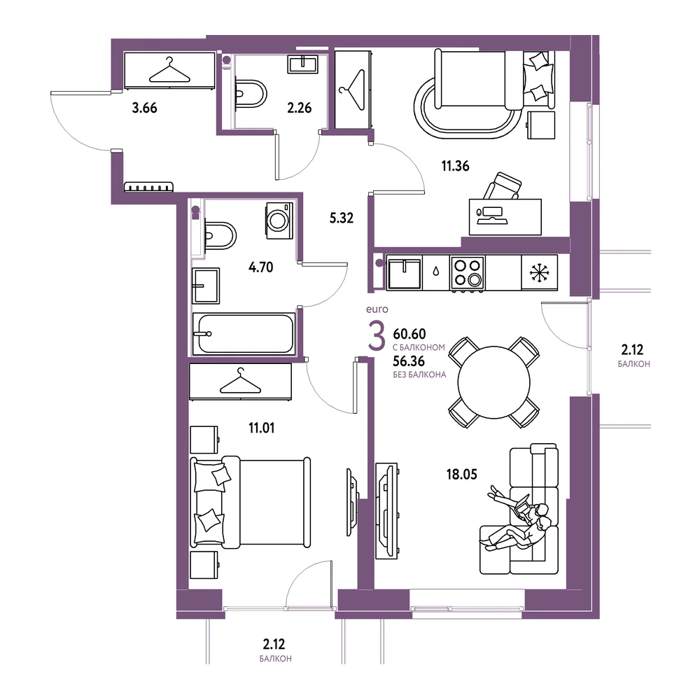 Планировка: Европейский берег 2.0 3-комнатная 60,60м²