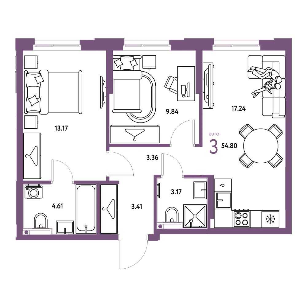Планировка: Европейский берег 2.0 3-комнатная 54,80м²