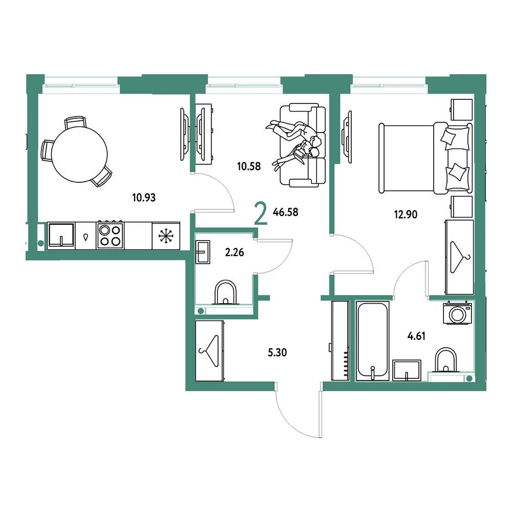 Планировка: Европейский берег 2.0 2-комнатная 46,58м²