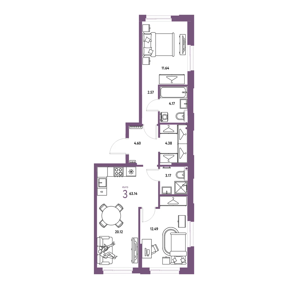 Планировка: Европейский берег 2.0 3-комнатная 63,14м²
